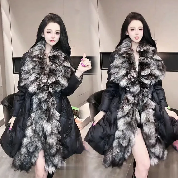 2025冬新款韩版大狐狸毛领白鸭绒羽绒服女中长款收腰加厚保暖外套
