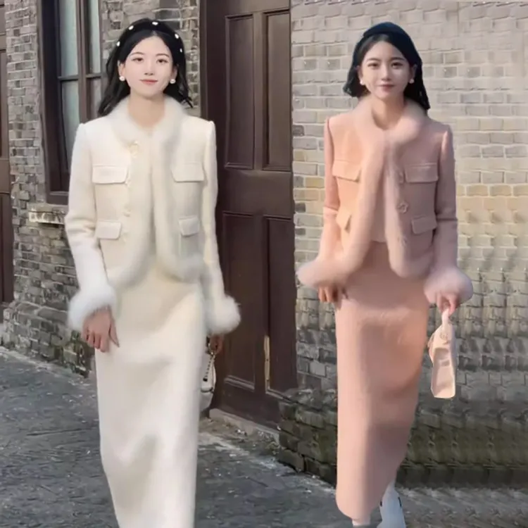 冬季小香风流行穿搭加棉加厚时尚套装裙女洋气兔毛百搭显瘦两件套