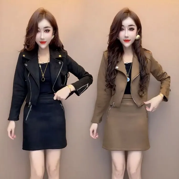 欧洲站2025春秋季洋气时尚套装裙女显瘦短款机车服夹克短裙两件套