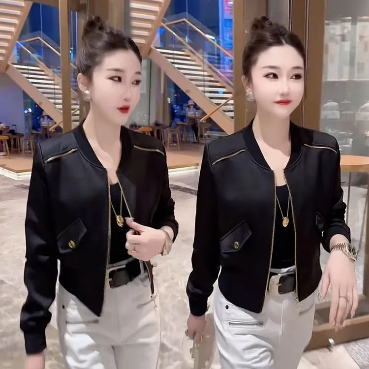 欧货2024春秋新款韩版简约时尚圆领短款外套女夹克修身显瘦上衣潮