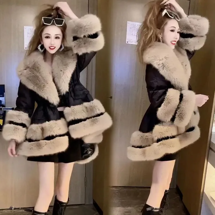 欧货2025冬季新款韩版时尚大毛领棉服女气质中长款修身收腰外套