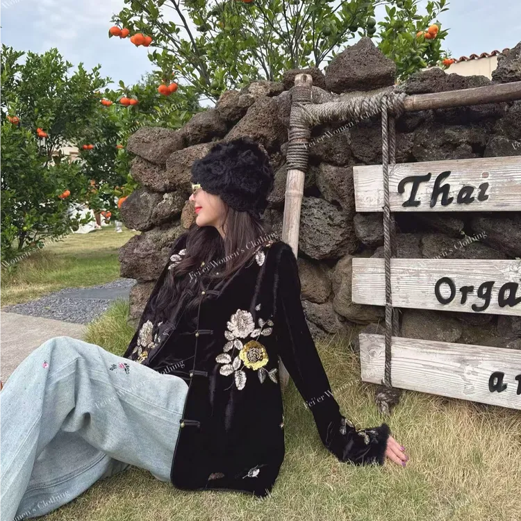 飞儿【金花马夹】新中式时尚百搭轻奢马夹宽松精致拼接水貂毛马夹