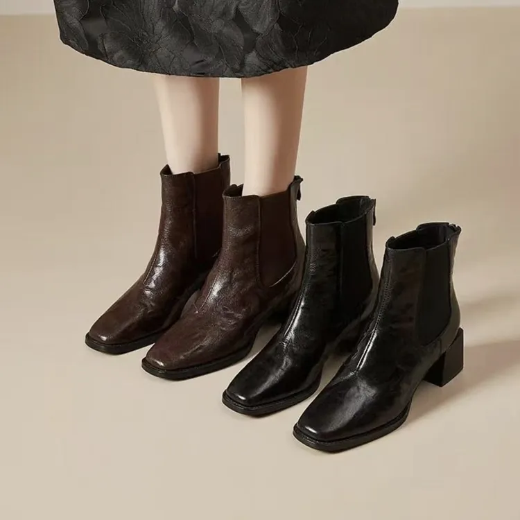 红冠复古方头切尔西英伦风短靴8099粗跟气质女靴