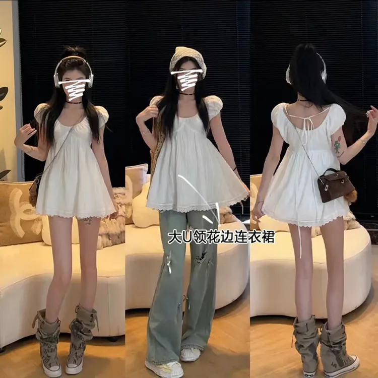 【文姬专属】白开水纯欲甜美风大U领减龄感初恋小白裙夏季款短款宽松连衣裙女