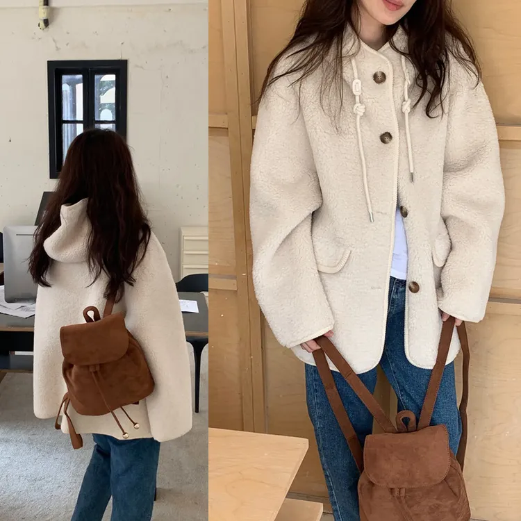 韩系加厚保暖连帽抽绳长袖毛外套秋冬简约休闲小香风皮毛一体