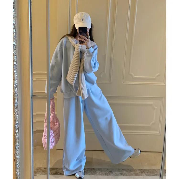 FRVXO针织毛线连帽披肩宽松长袖圆领套头卫衣休闲运动阔腿裤套装
