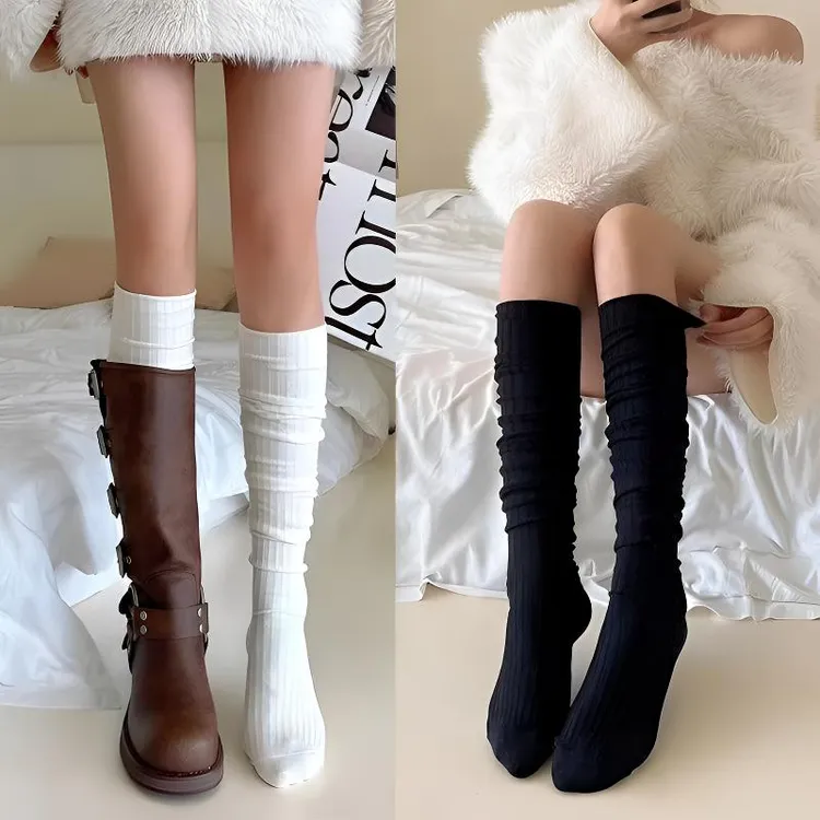 小腿袜秋冬季白色竖条纹长筒袜女百搭简约显瘦日系JK可爱堆堆袜