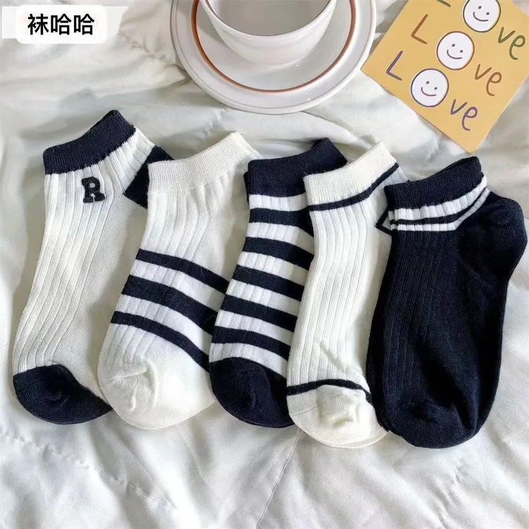 （咔袜伊）3+2到手5双R字母刺绣款黑白条纹短袜女ins潮流百搭船袜