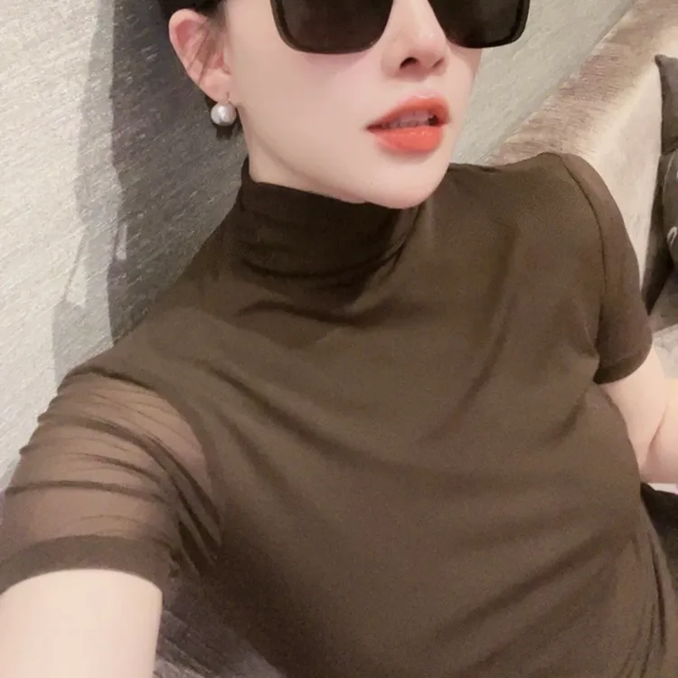 JING2025高端女装透气品质网纱气质领百搭打底衫 短袖洋气T恤上