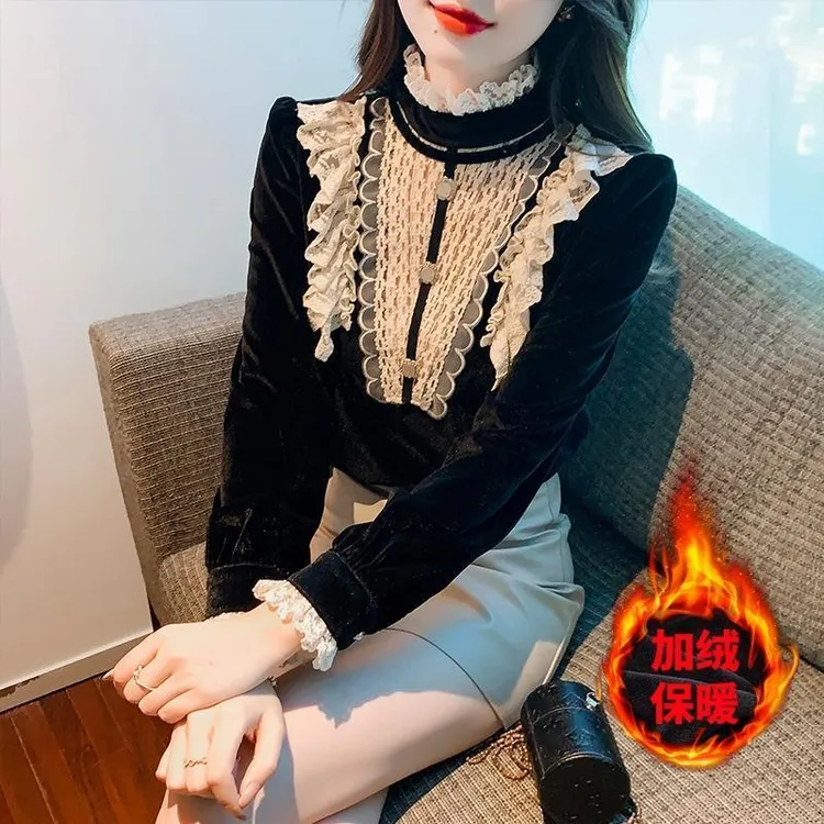 今年流行加绒加厚2024秋冬季新款名媛气质宫廷风丝绒衬衫上衣女
