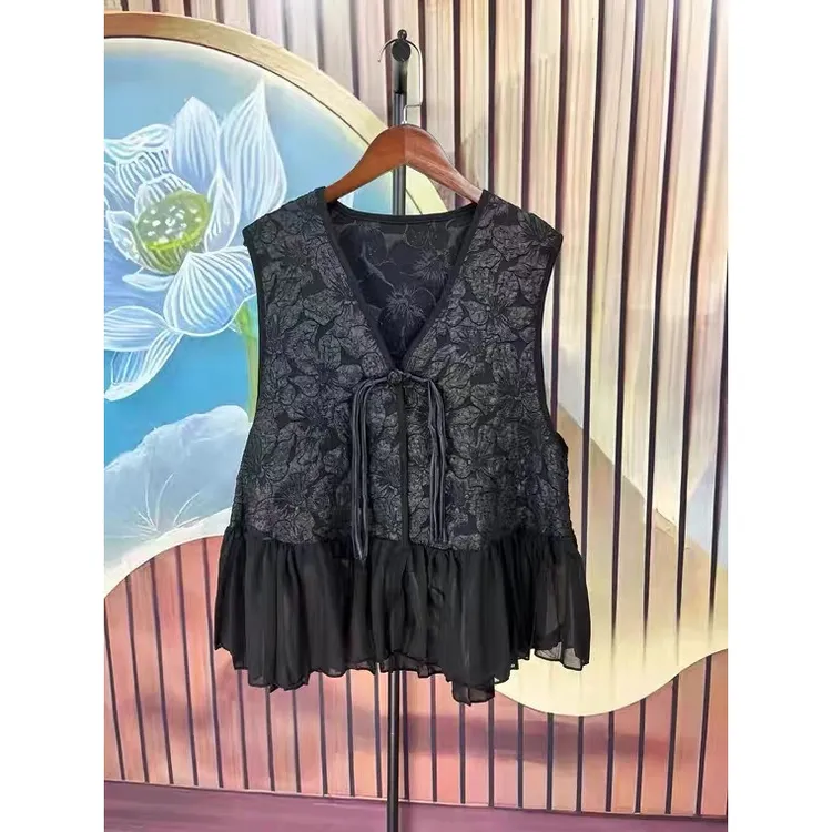 新中式秋冬百搭马甲蕾丝气质轻奢小众无袖设计感马夹黑色休闲时尚