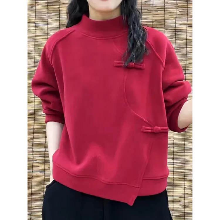 欧货不规则盘扣奥粒绒卫衣2024春秋新款加厚时尚半高领上衣打底衫