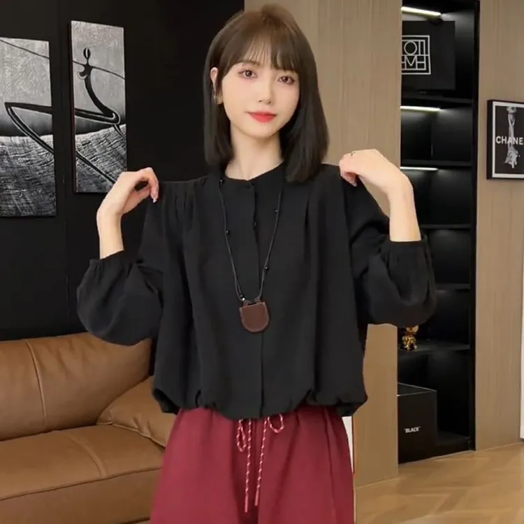 欧货简约时尚洋气长袖圆领衬衫女士秋季2024新款气质宽松显瘦衬衣