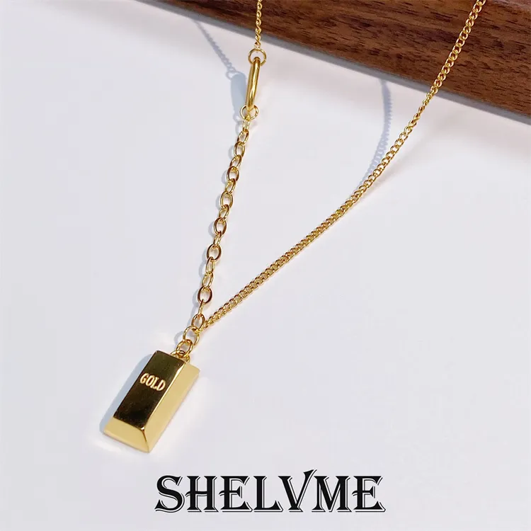 钛钢项链 简约高级双拼链暴富小方砖项链金色锁骨链