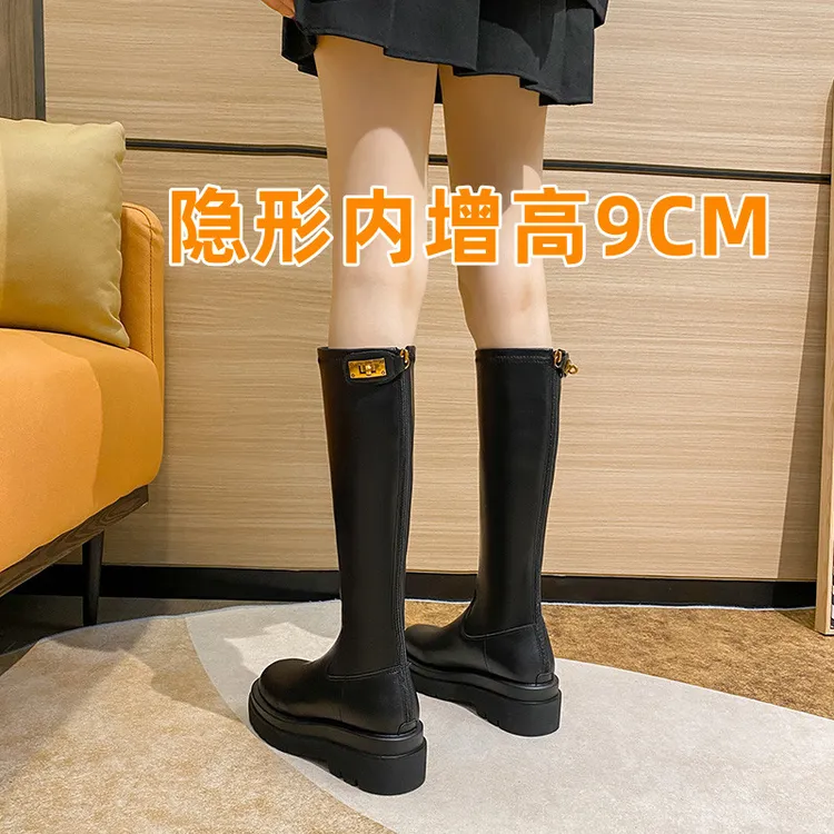 真皮内增高9CM长筒靴小个子女靴不过膝长靴秋冬季厚底高筒靴骑士