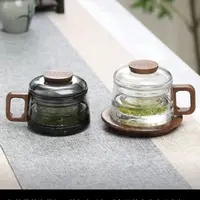 墩墩杯加厚迷你玻璃三件杯茶水分离杯胡桃带盖家用高档超厚玻璃杯