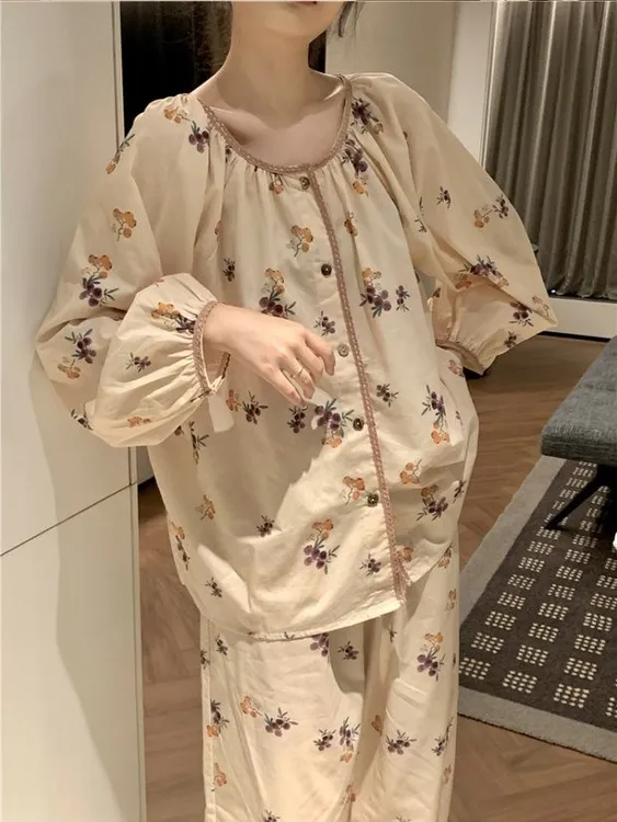 2024秋冬爆款秋季韩版简约宽松碎花长袖长裤家居服套装女学生