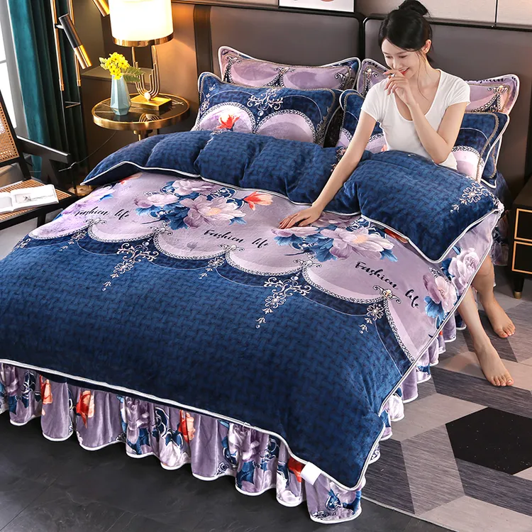 【10斤重】冬天高档保暖加厚印花牛奶绒四件套双面绒床裙款防静电