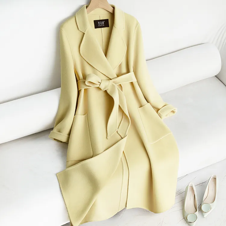 气质高贵双面羊绒大衣女长款过膝2025秋冬新款系带修身羊毛呢外套