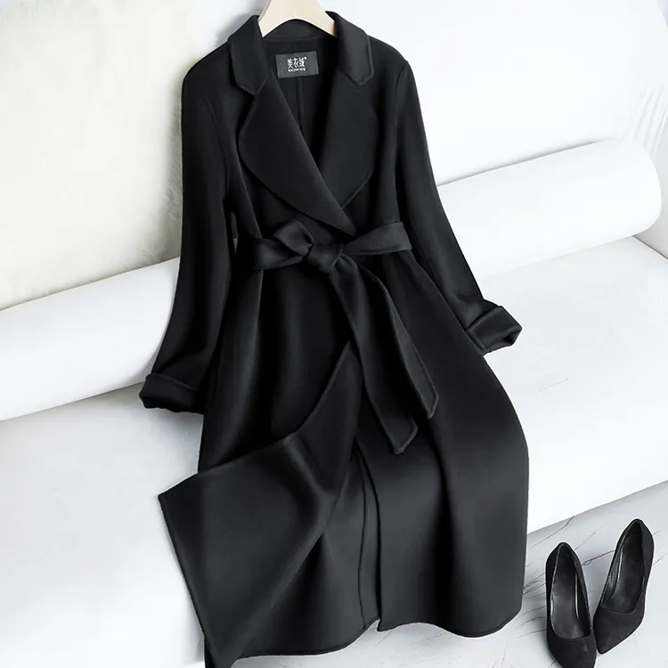 高端黑色双面羊绒大衣女2025秋冬长款过膝修身保暖赫本风毛呢外套