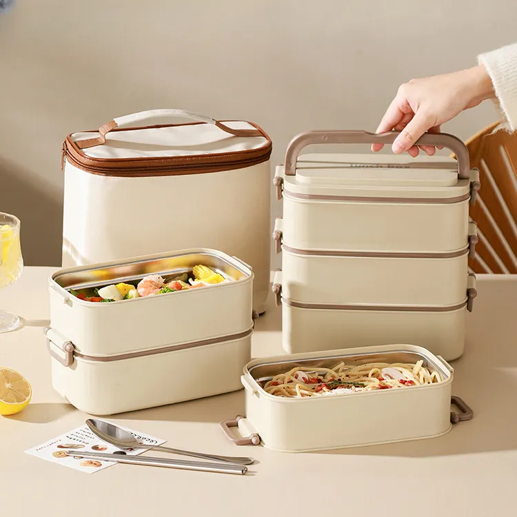 双层密封大容量午餐盒微波炉学生便携方形带盖便当盒304不锈钢保