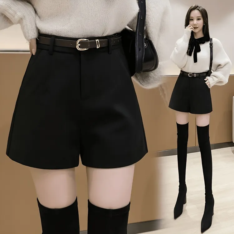 毛呢短裤女2024年新款秋冬款黑色高腰阔腿裤百搭显瘦小个子靴裤潮