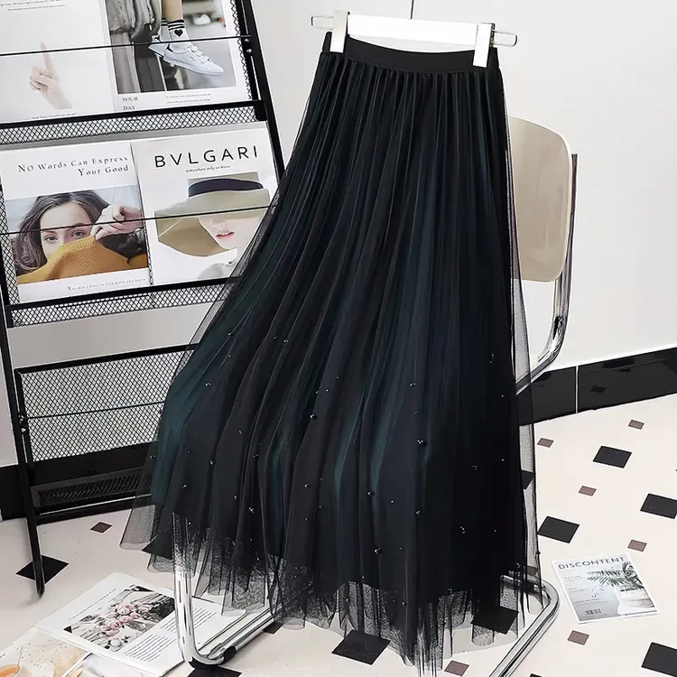 两面穿网纱钉珠半身裙女2023春秋新款时尚显瘦大摆裙中长款a字裙