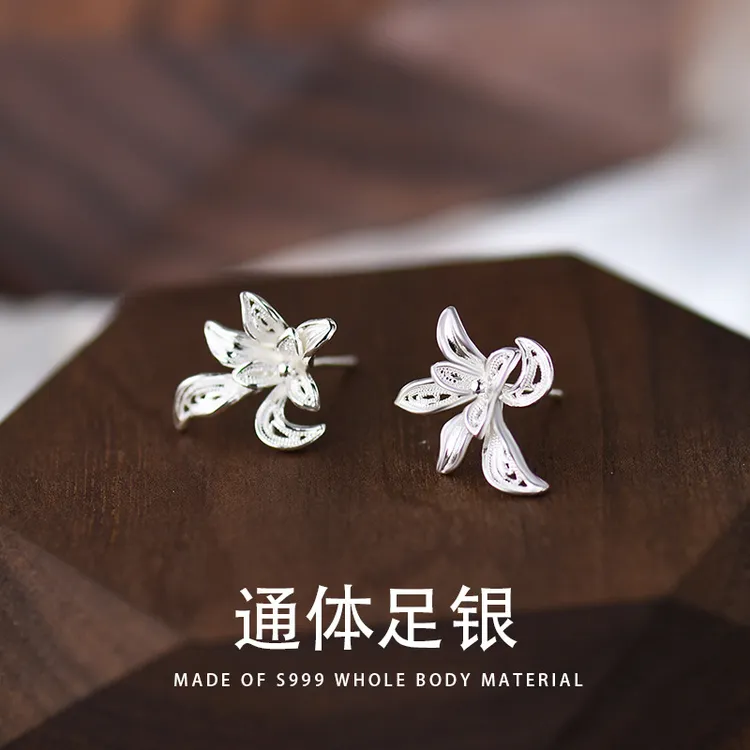 足银耳饰 S999纯银新款鸢尾花耳钉女纯手工花丝足银耳饰