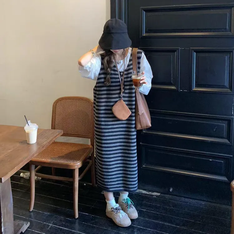 大码女装时尚背心连衣裙韩版宽松T恤遮肉显瘦慵懒风秋装毛衣裙