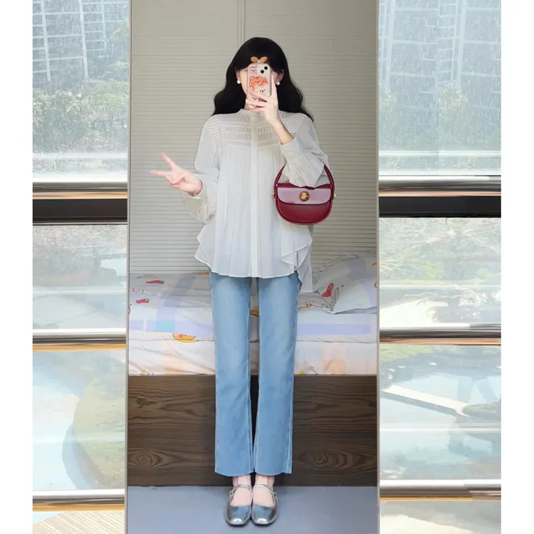 大码女装2025新款高级感小香风胖mm宽松显瘦衬衫牛仔裤女秋