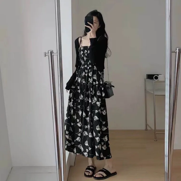 大码女装夏季桔梗法式复古碎花连衣裙开衫微胖显瘦穿搭炸街长裙子