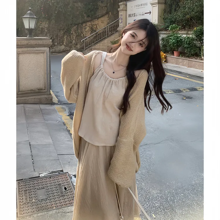 大码女装法式针织开衫毛衣外套吊带上衣2025秋季新款半身长裙春秋