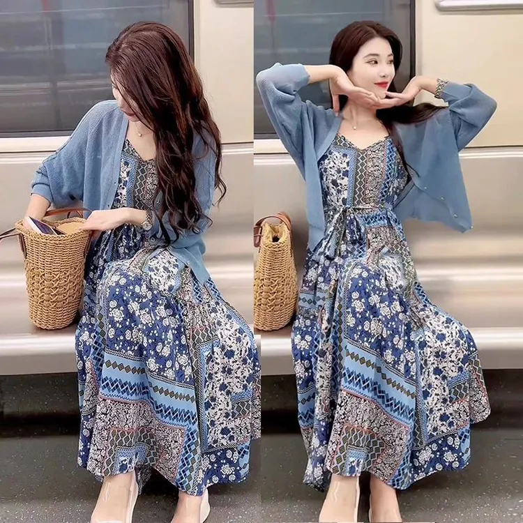 夏季新款穿搭一整套洋气针织开衫上衣配波米西亚碎花吊带裙两件套