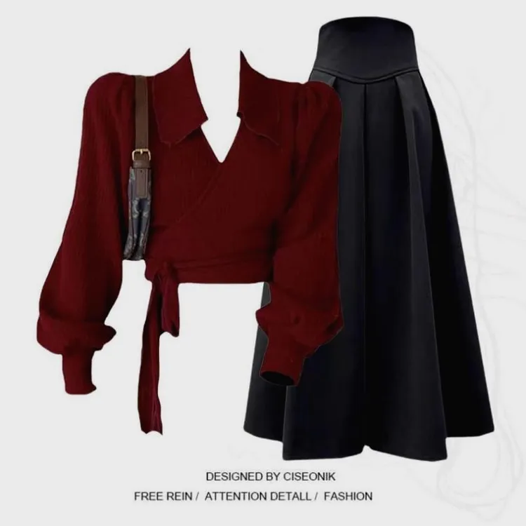 高级感2025新款翻领酒红色针织衫上衣女复古半身裙胖mm显瘦两件套