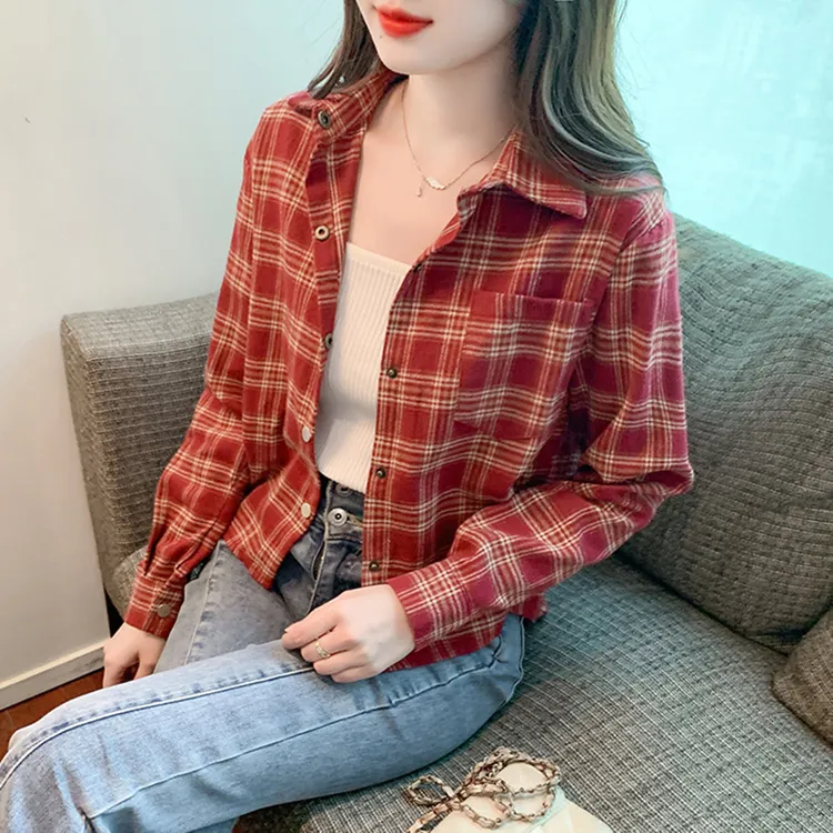 复古磨毛格子衬衫女2025春秋冬POLO领长袖短款小个子加绒外套上衣