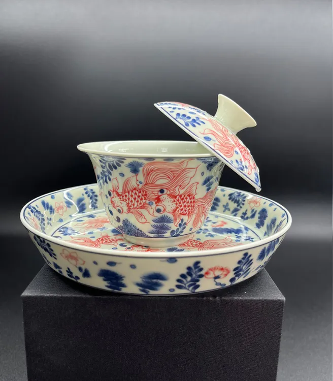 陶瓷缠枝三才盖碗鱼藻纹单个青花瓷可悬停大号壶承腹复古功夫茶具