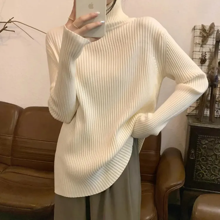 高领毛衣女秋冬季加厚宽松慵懒洋气坑条毛衣外穿显瘦打底衫女内搭