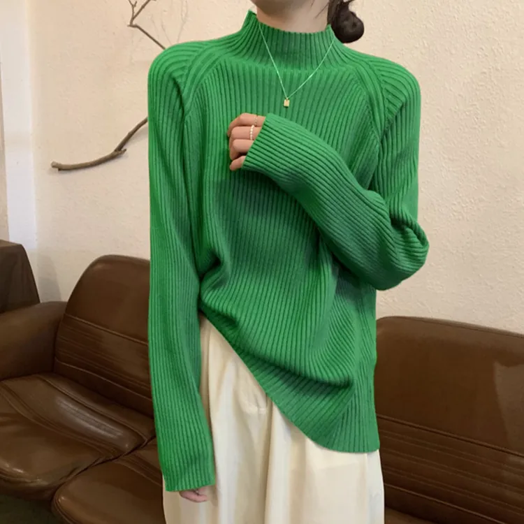 中领毛衣宽松慵懒风微胖穿搭洋气针织长袖半高领打底衫女秋冬加厚