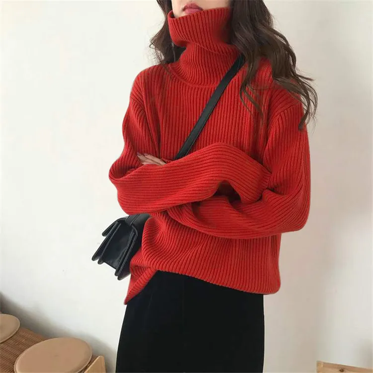 红色毛衣女2024款网红款宽松慵懒风套头洋气高领厚毛衣内搭百搭