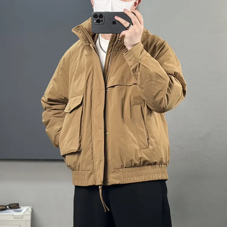 高档男士羽绒服冬季多口袋纯色潮流短款立领保暖轻便夹克羽绒外套