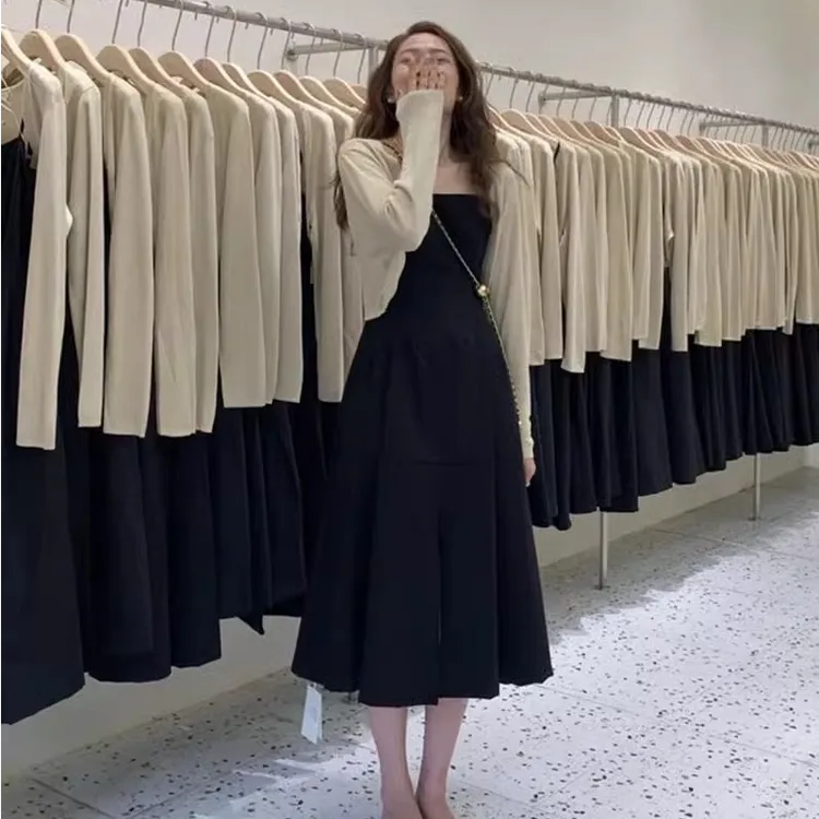 春秋法式厌世小裙子高级气质针织开衫黑色吊带连衣裙两件套吊带裙