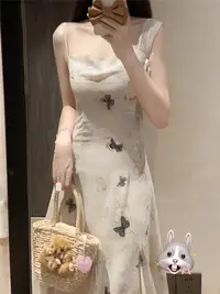 森女设计感蝴蝶吊带长裙子法式收腰连衣裙修身超仙ins夏雪纺公主