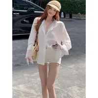 假两件白色长袖宽松衬衫女装夏季蕾丝拼接防晒衬衣中长款气质上衣