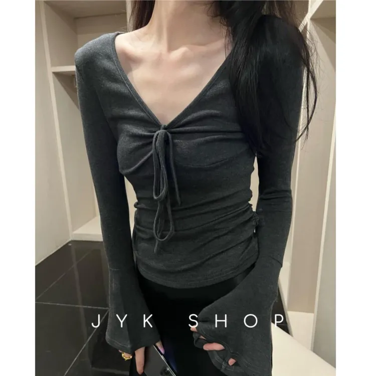 打底衫V领系带修身t恤秋冬纯欲法式辣妹内搭秋冬ins潮上衣女收腰