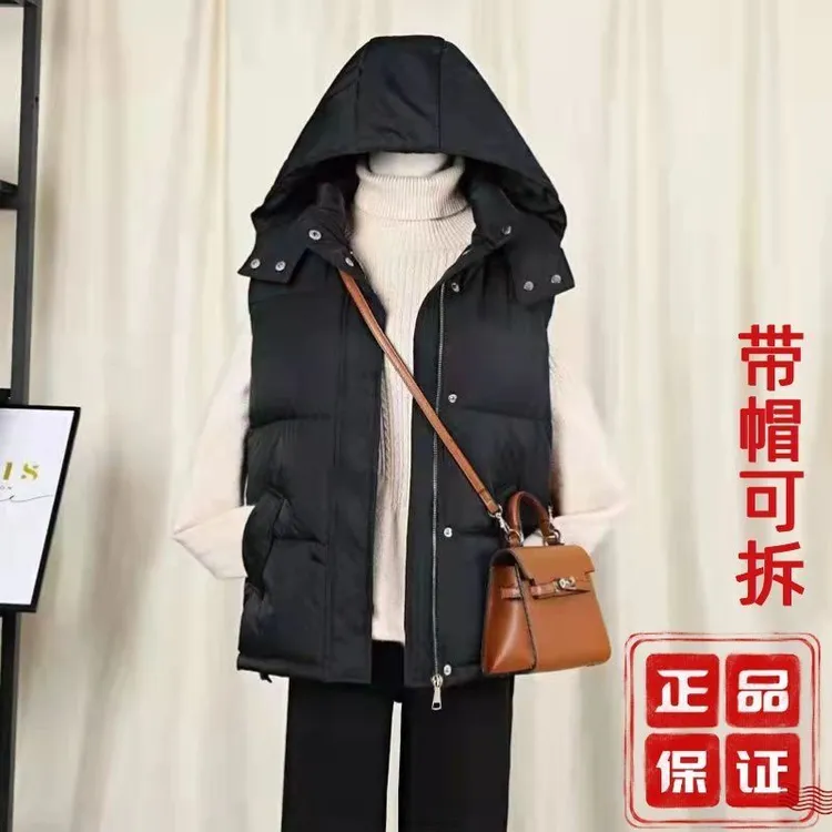 新款棉马甲女带帽韩版学生加厚背心外穿坎肩连帽可拆秋冬马夹外套