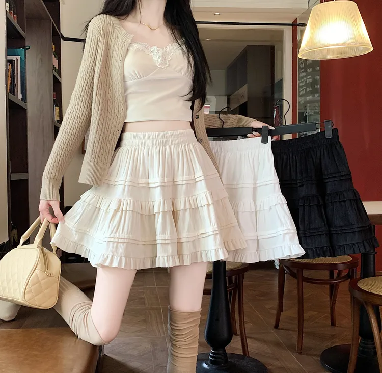 树皮绒白色半身裙2024秋冬款少女感洛丽塔木耳边拼接A字短裙