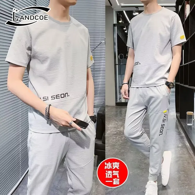 LANDCOE高端夏季时尚新款运动套装男冰丝薄款青年休闲短袖t恤男装