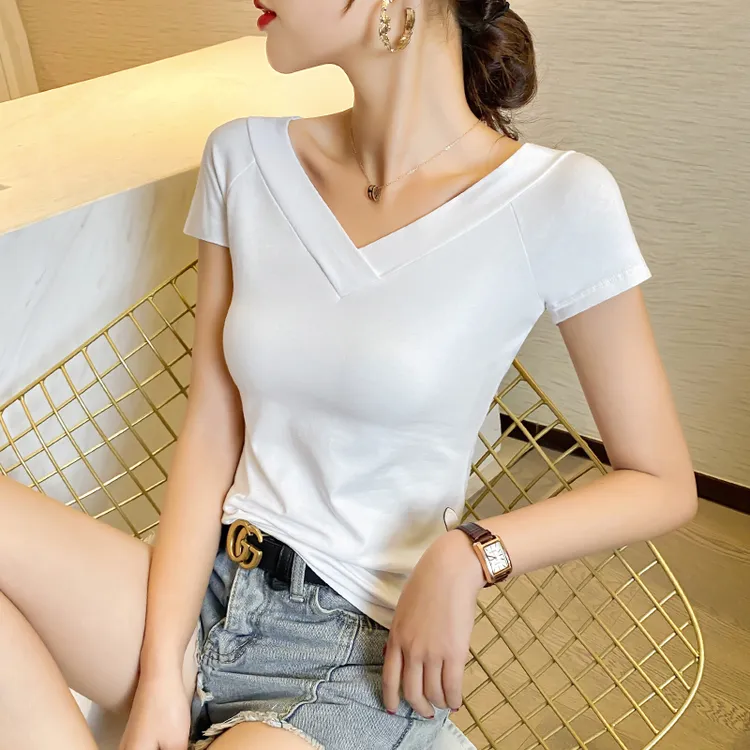 2026新款夏季白色V领短袖T恤女设计感百搭小众半袖露背一字肩上衣