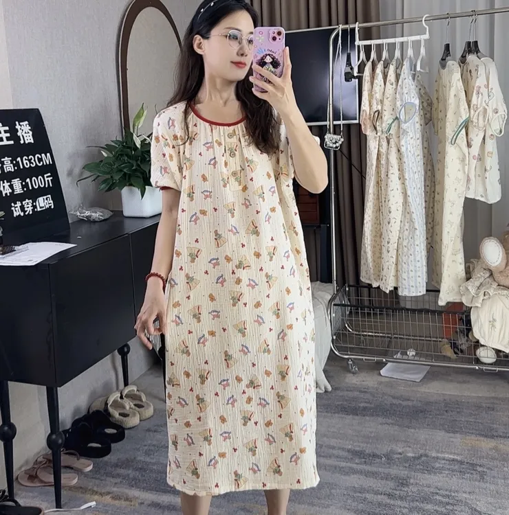 夏季新品100%纯棉A类双层棉纱睡裙女士可爱碎花气质宽松过膝裙子
