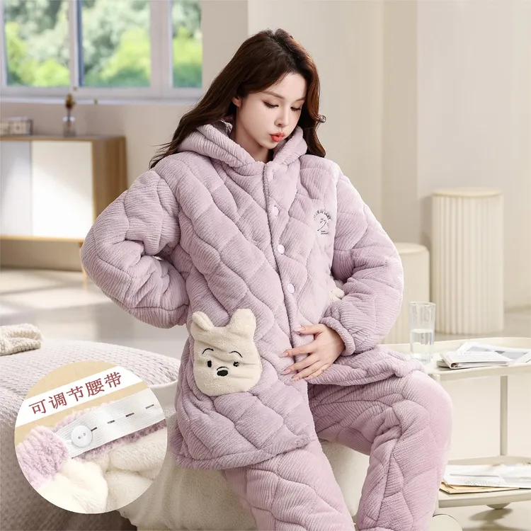 冬季三层加厚睡衣女冬季法兰绒夹棉睡衣女士孕妇家居服套装可外穿